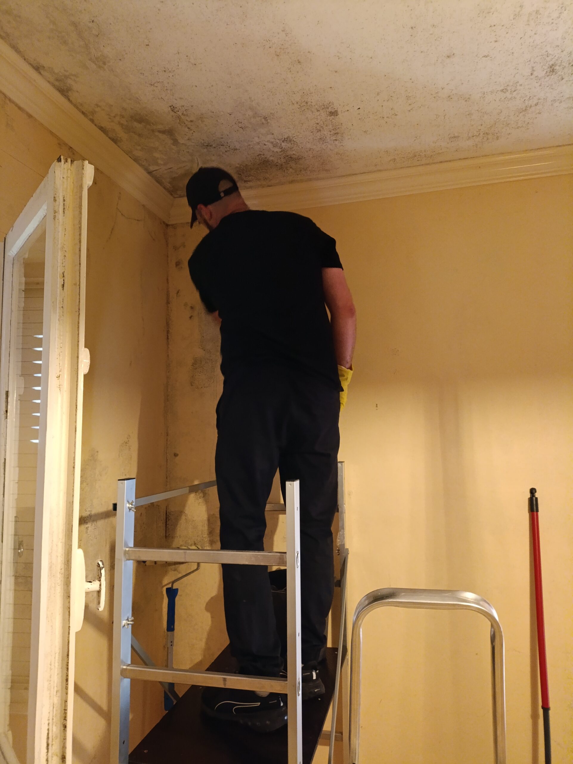 équipier qui nettoie un plafond lors d'un nettoyage etat des lieux