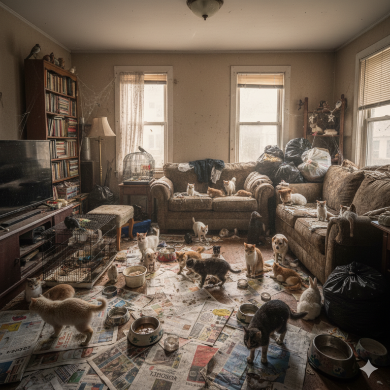 image générée par IA qui représente une maison remplie de chat - nettoyage syndrome de noé finistère - bzh pur