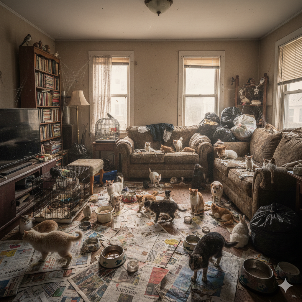 image générée par IA qui représente une maison remplie de chat - nettoyage syndrome de noé finistère - bzh pur